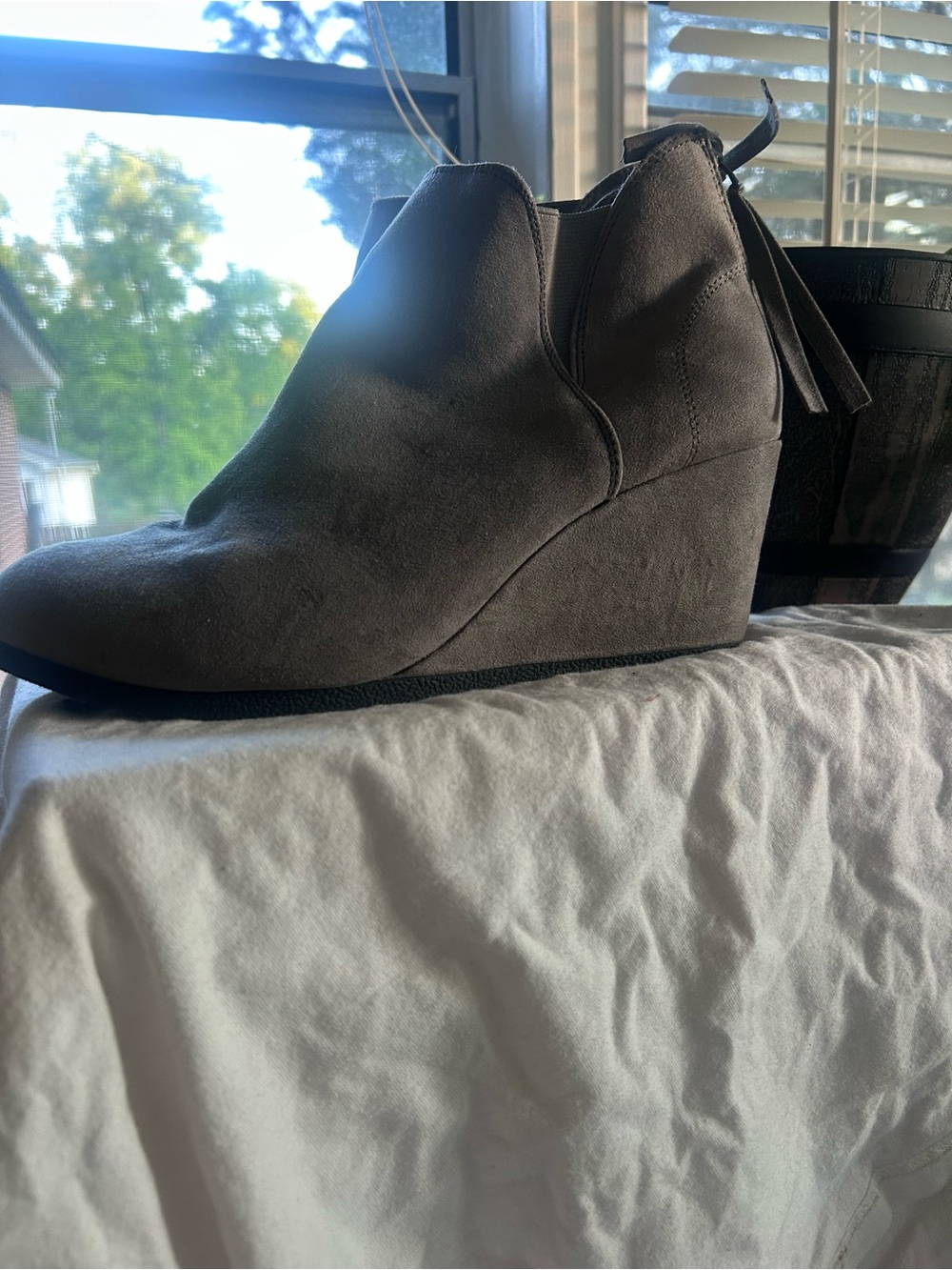 Wedge Ankle Bootie in Gray with Tassel Detail